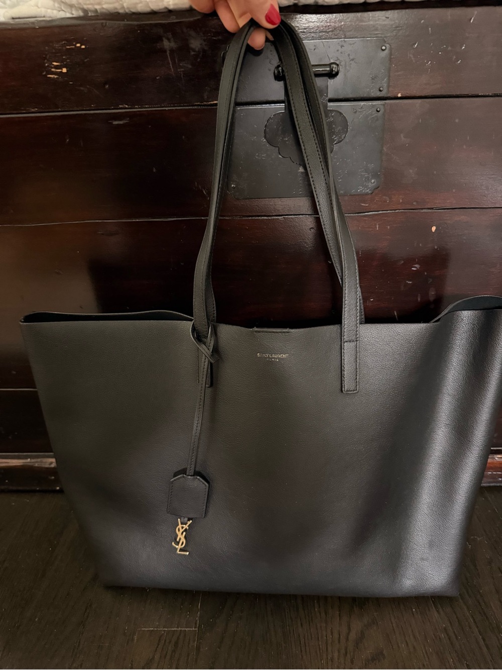 Saint Laurent Black Leather Tote with Gold YSL Charm - Picture 2 of 6